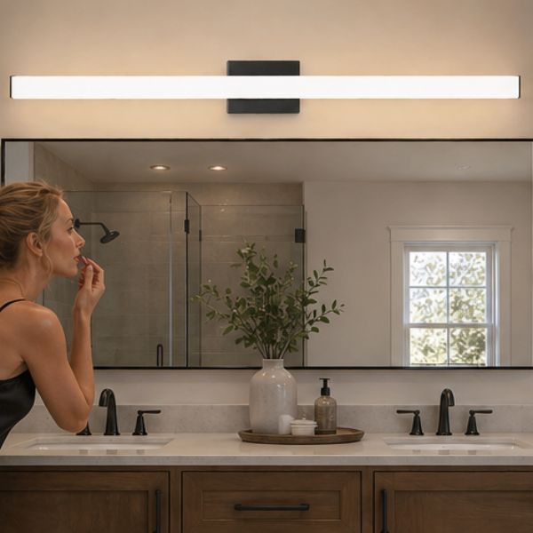 36 inch LED vanity light above large mirror in double sink bathroom, woman grooming hair in a modern residential space