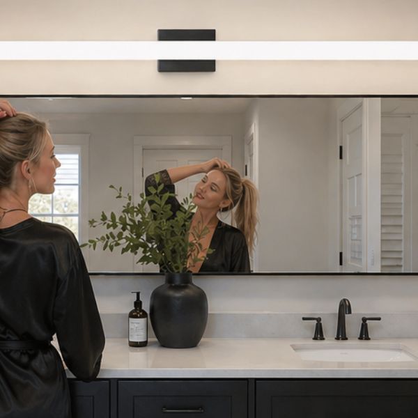 48 inch LED vanity light installed above wide mirror in luxury bathroom, woman adjusting earrings in a spacious American home