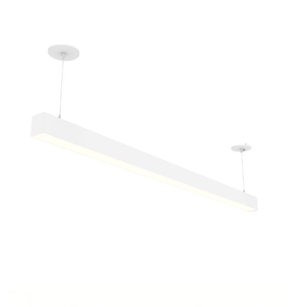 72-inch linear light fixtures by Brandon Light installed in a continuous run for a high-ceiling corporate office, featuring seamless architectural design and UL-listed performance.