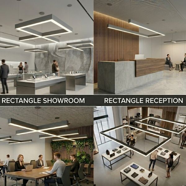 A composite visualization showing four distinct high-end modern commercial spaces—a high-end showroom, a corporate reception, a dynamic collaborative office, and a luxury retail boutique—unified by the pervasive use of custom matte grey closed-loop rectangular shape linear pendant lights to define space, illuminate workstations, and enhance product displays