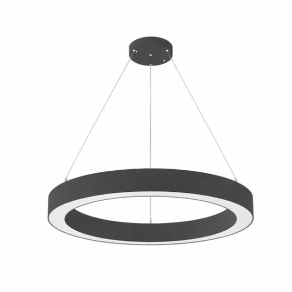 32 inch LED pendant modern circular chandelier in matte black finish, featuring adjustable hanging height and wattage selectable integrated LED for commercial applications.