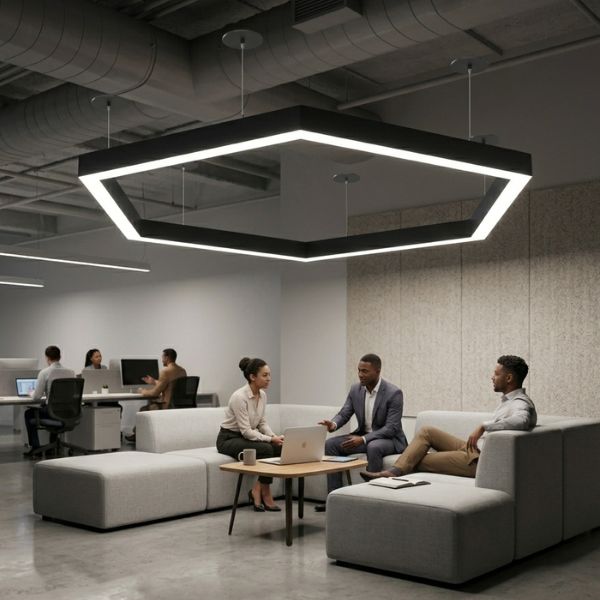 A modern hexagon-shaped linear pendant light illuminating a collaborative office lounge area with professional team members in a meeting, showcasing even geometric lighting distribution