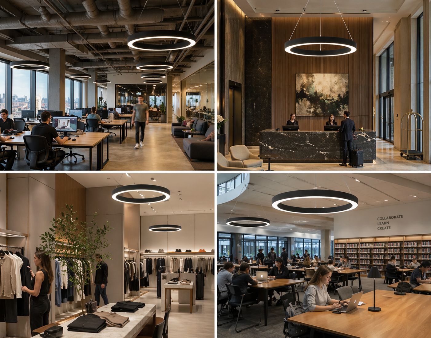 Multiple sizes of circular lighting fixtures (24", 36", 48") creating a layered architectural lighting effect application