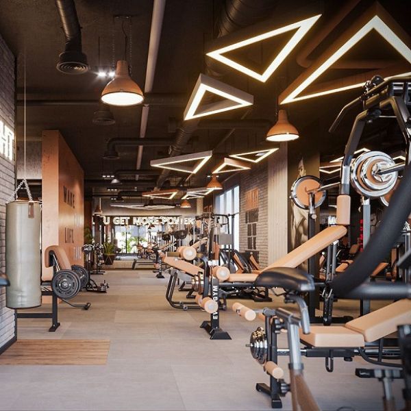 Large-scale modular triangle linear lighting system installed over an open gym training floor, providing high-performance, uniform illumination for fitness activities